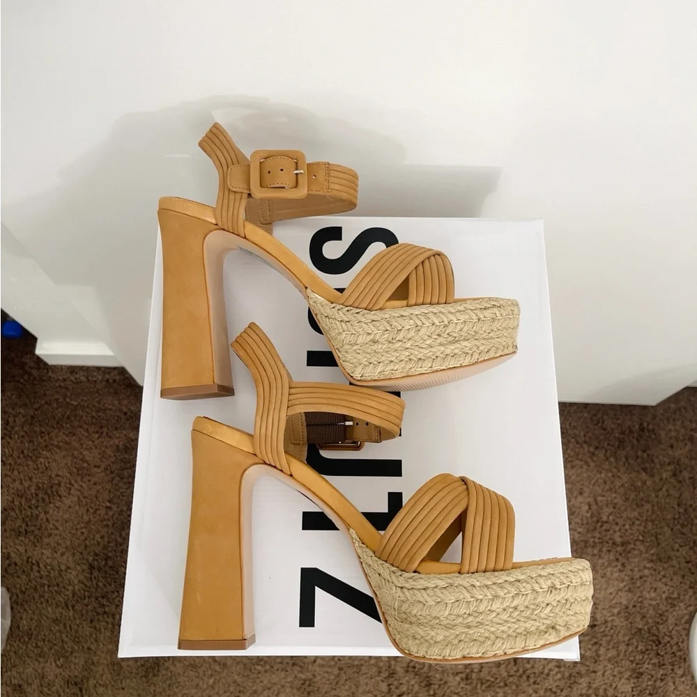 NWT Schutz Blisse Nobuck Leather Platform Sandals Heels Nude Caramel Size 9 B